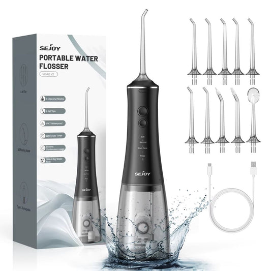 Sejoy Trådlös Vattenflossare  – för Tandrengöring ,Bärbar och Uppladdningsbar, 4 Lägen, 6 Munstycken, IPX7 Vattentät